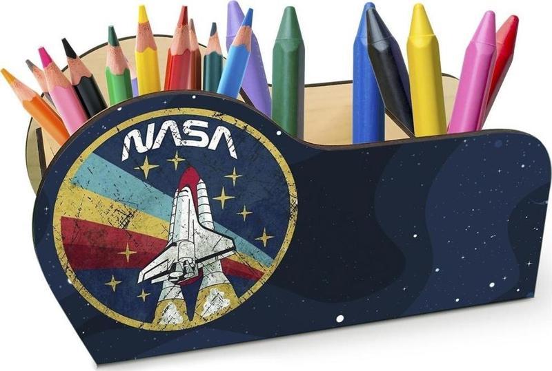 Ahşap Nasa Space Desenli Masaüstü Kalemlik Kalem Kutusu Organizer Ofis Makyaj