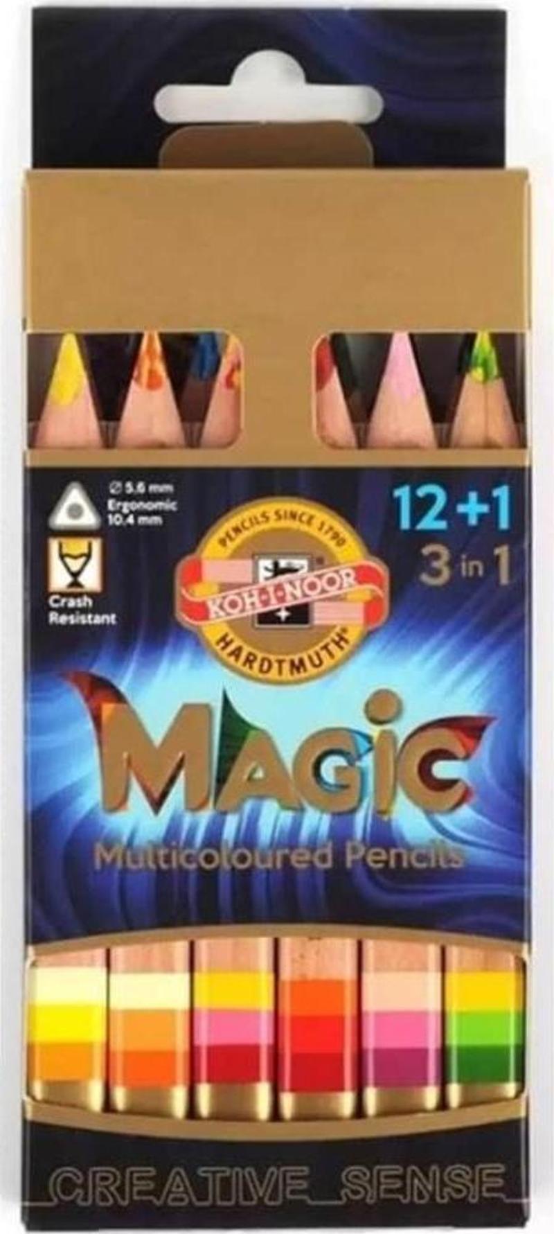 Koh-i Noor Magic Multicolour Karışık Renkli (3in1) Kalın Kuru Boya Kalemi 12+1 Renk 3404N