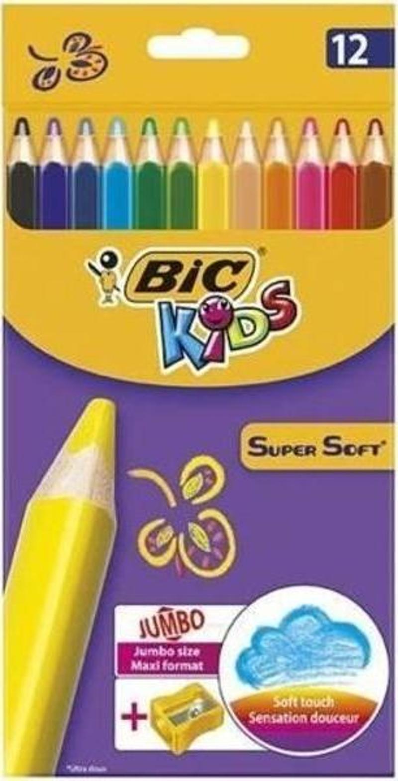 Kids Supersoft Yumuşak Kuru Boya Kalemi 12 Renk + Jumbo Kalemtraş