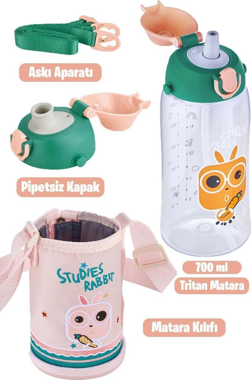 700 ml Kılıflı 2 Ayrı Kapaklı Pipetli/Pipetsiz Tritan Çocuk Su Matarası