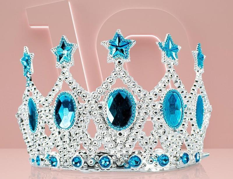 Çocuk Kraliçe Tacı - Mavi Yıldız İşlemeli Prenses Tacı 15x7 cm