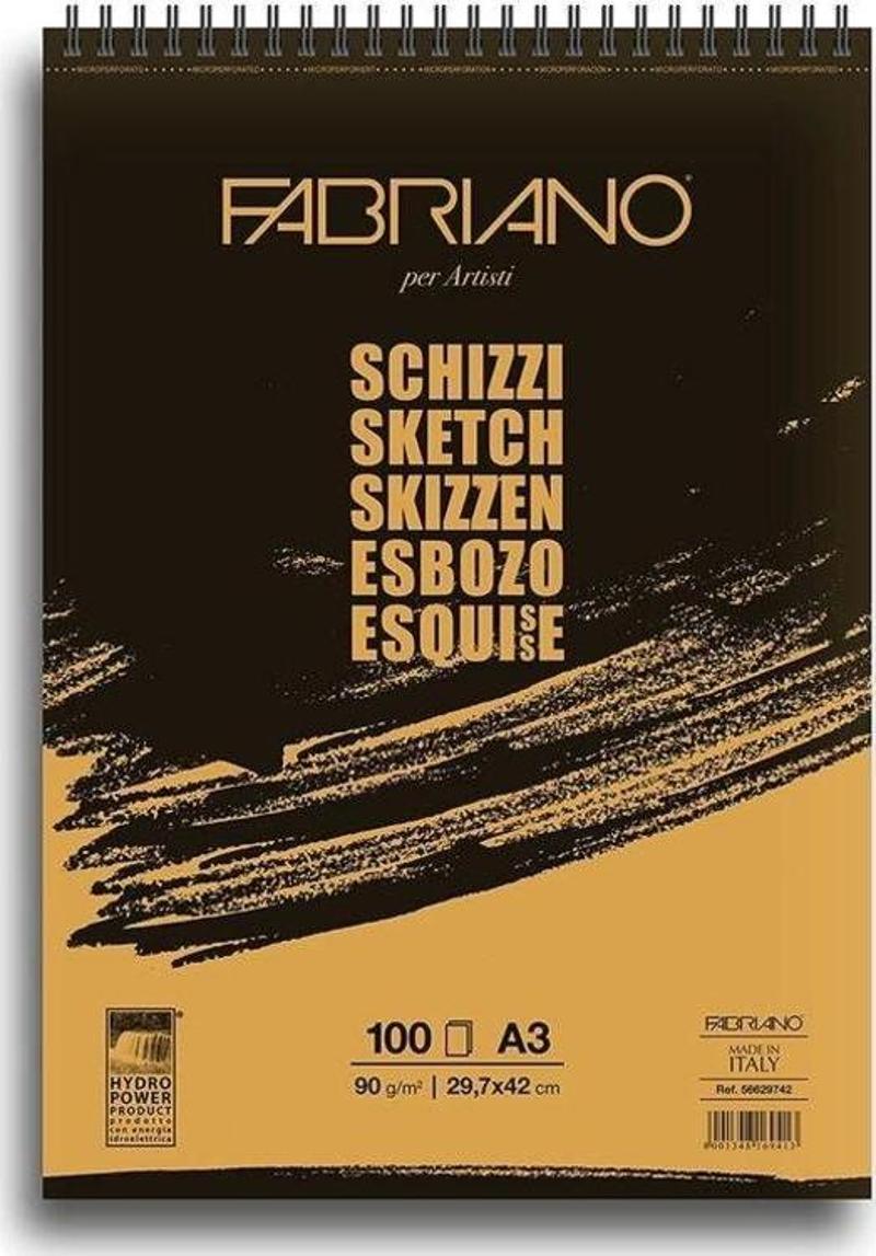 Schizzi Doğal İnce Dokulu Eskiz Defteri Üstten Spiralli 90 gr. A3 100 yp.