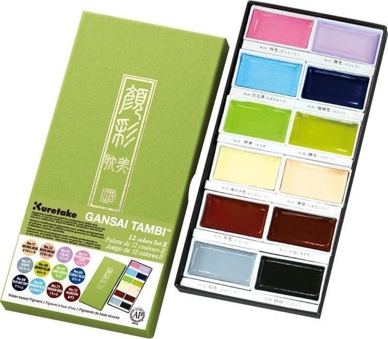 Kuretake Gansai Tambi Profesyonel Japon Sulu Boya 12 Renk Set 2 (Pastel Renkler)