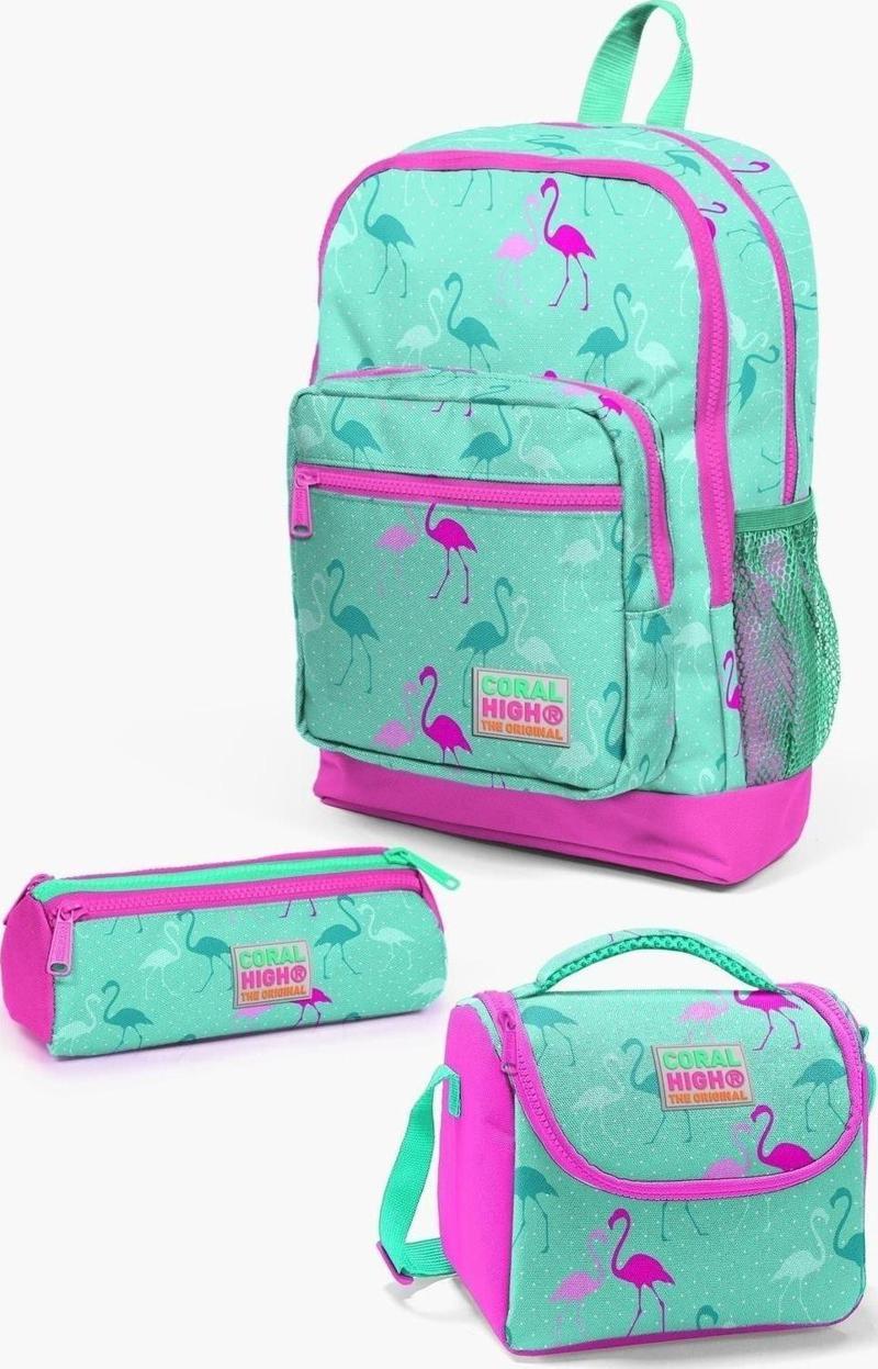 Kids Su Yeşili Neon Pembe Flamingo Desenli 3’lü Okul Çanta Seti SET0123111