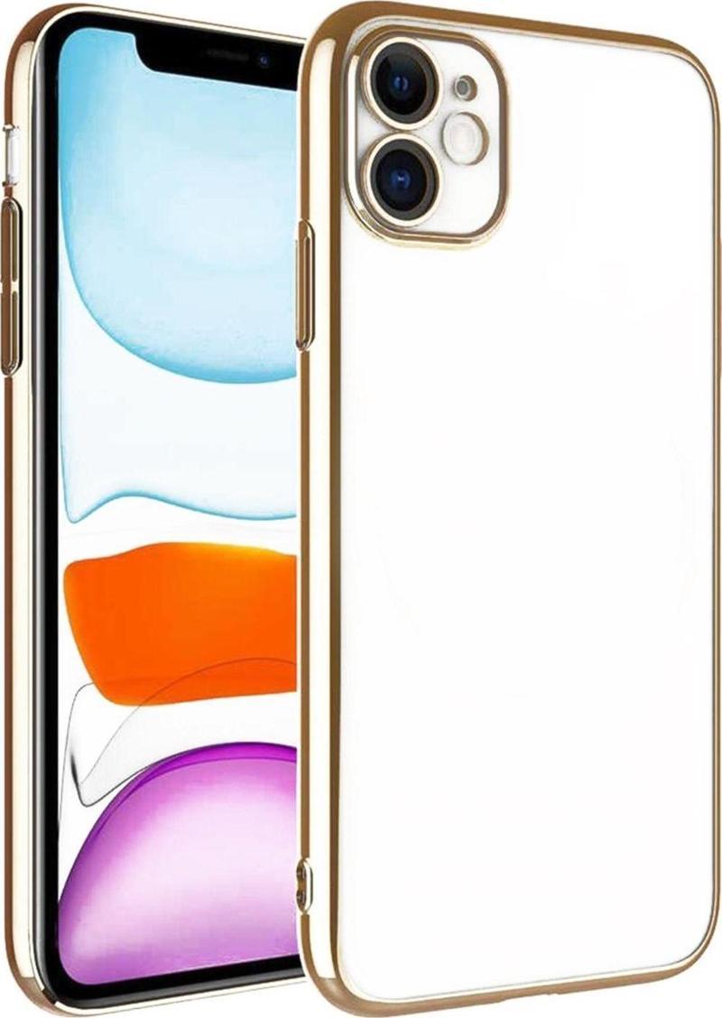 İphone 11 Arka Kapak Kılıf Şeffaf Renkli Beyaz Kenarlı Rose