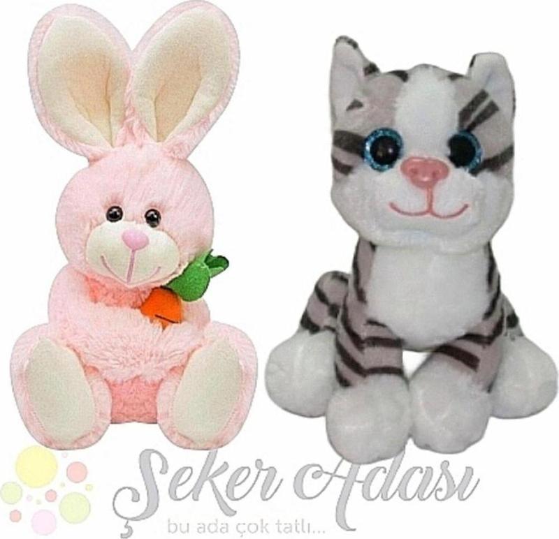 Küçük Peluş Kedi 15 Cm ve Minik Tavşan 15 Cm İkili Peluş Oyuncak