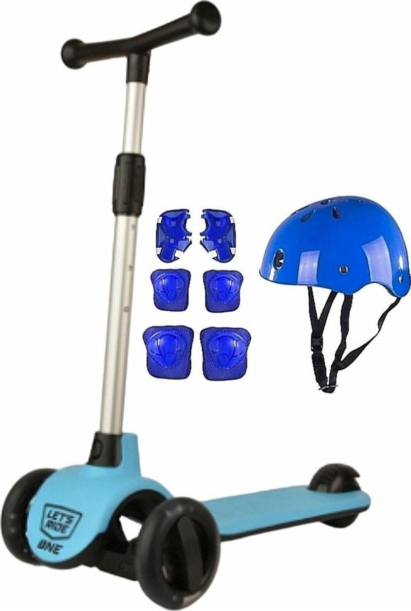 Let's Ride Kaliteli Mavi 3 Teker Işıklı Scooter ve Kask- Dizlik- Dirseklik Set