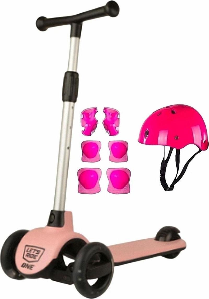 Let's Ride Kaliteli Pembe 3 Teker Işıklı Scooter ve Kask- Dizlik- Dirseklik Set