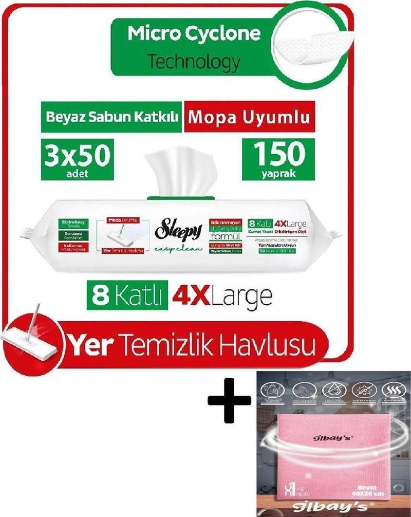 1 Adet Mikrofiber Temizlik Bezi+Sleepy Easy Clean Beyaz Sabun Katkılı Mopa Uyumlu Havlu 3X50