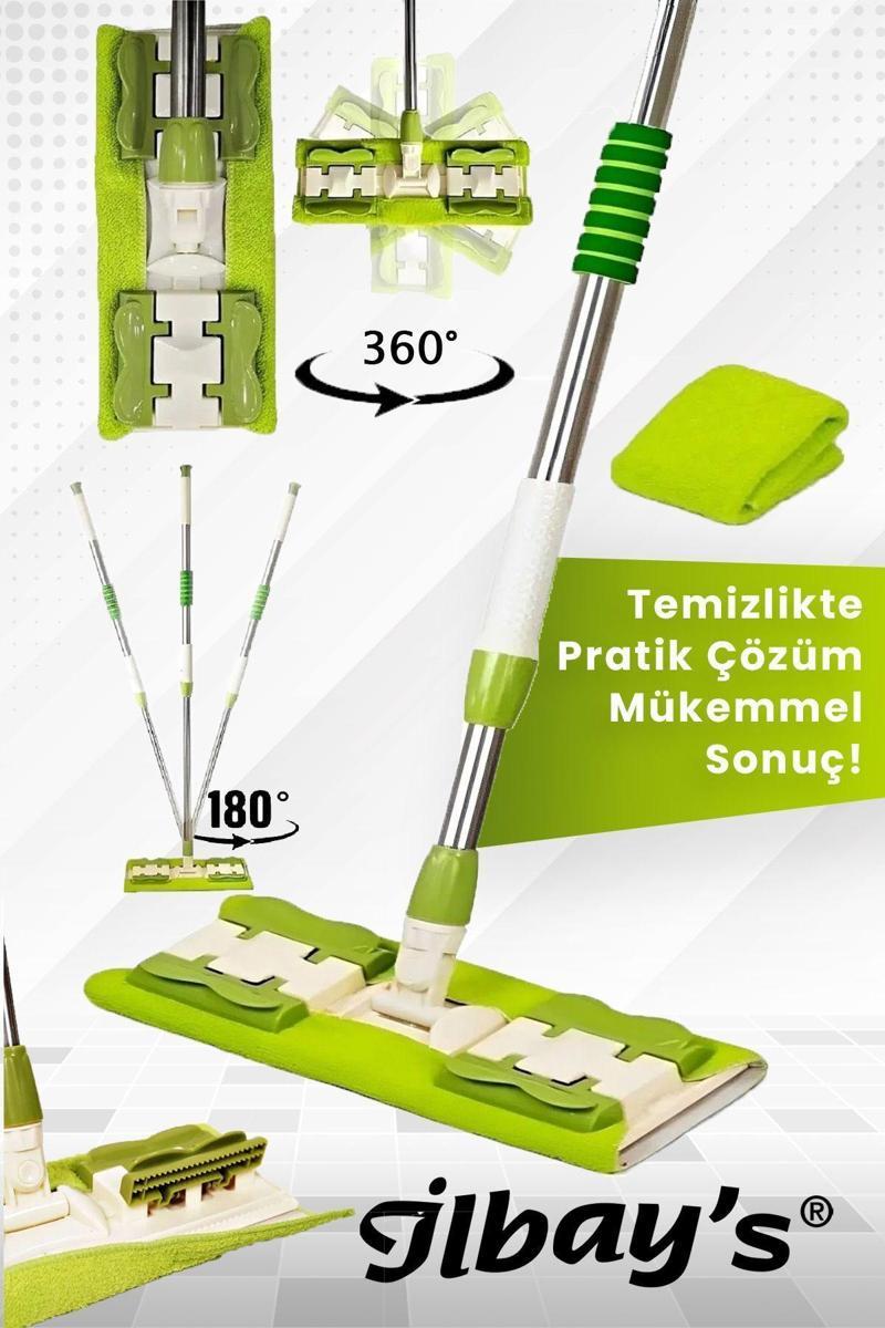 Mikrofiber Mandallı Yeşil Renkli Mop 360°c Döner Başlıklı (1 Adet Yedek Mop Bezi Hediye)