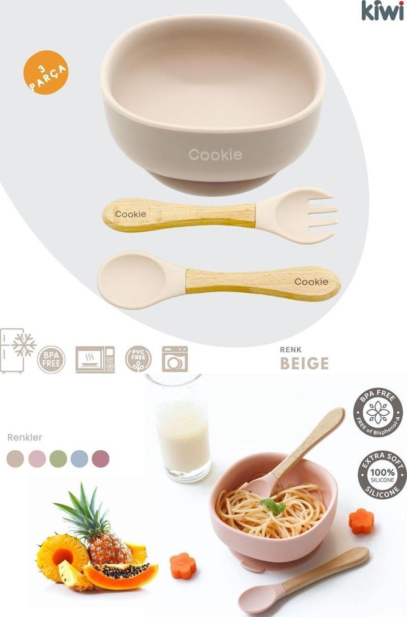 3 Parça Kase Çatal Kaşık Beslenme Seti - Doğal Silikon Bpa İçermez- Beige