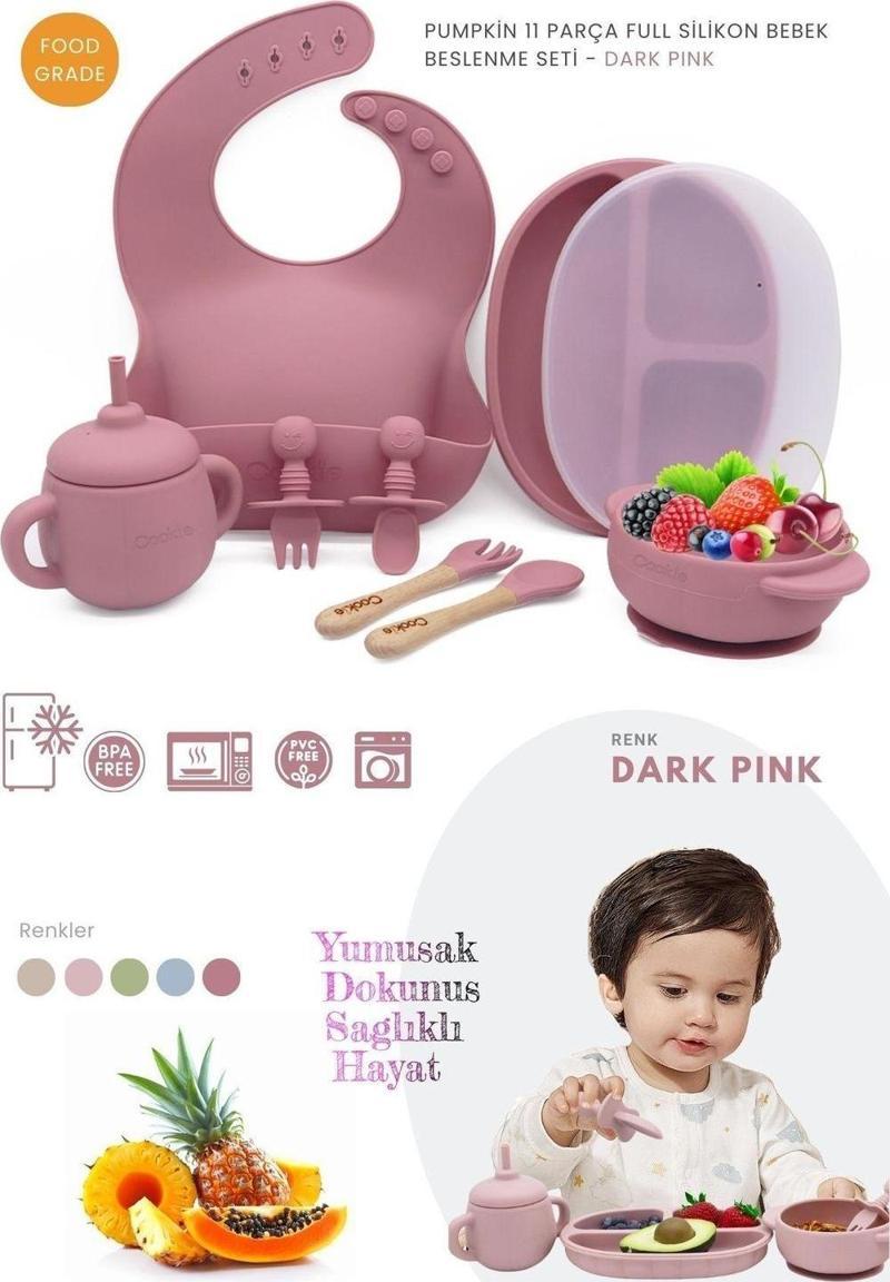 Pumpkin 11 Parça Full Bebek Beslenme Seti %100 Bpa Free Doğal Silikon - Dark Pink