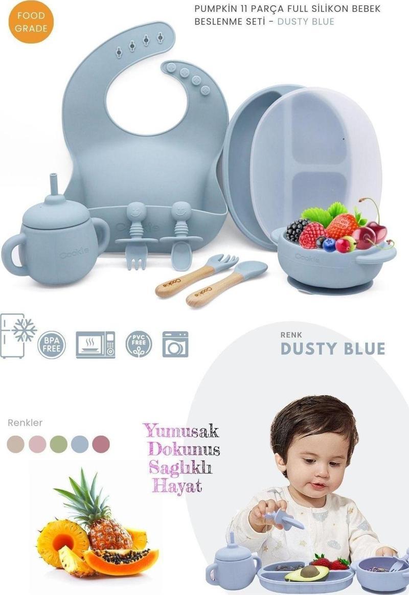 Pumpkin 11 Parça Full Bebek Beslenme Seti %100 Bpa Free Doğal Silikon - Dusty Blue