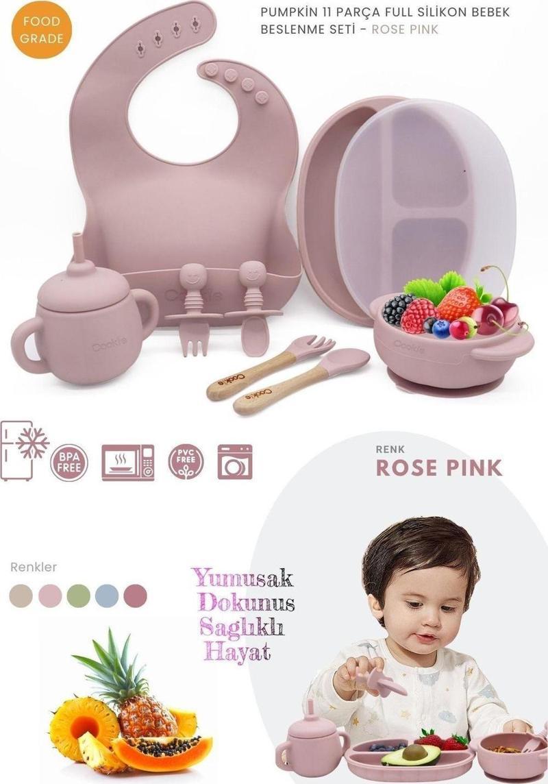 Pumpkin 11 Parça Full Bebek Beslenme Seti %100 Bpa Free Doğal Silikon - Rose Pink