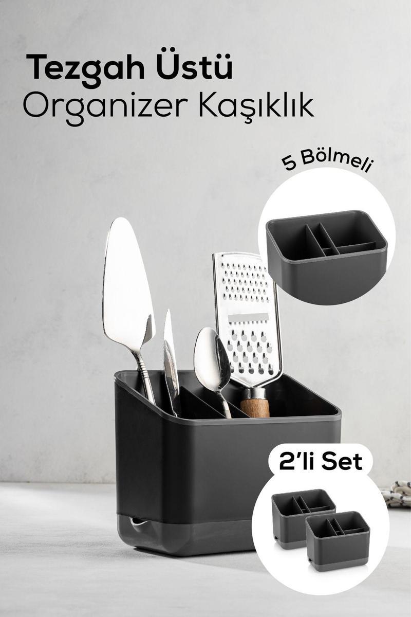 2 Adet Tezgah Üstü Kaşık Düzenleyici 5 Bölmeli Organizer Kaşıklık Antrasit