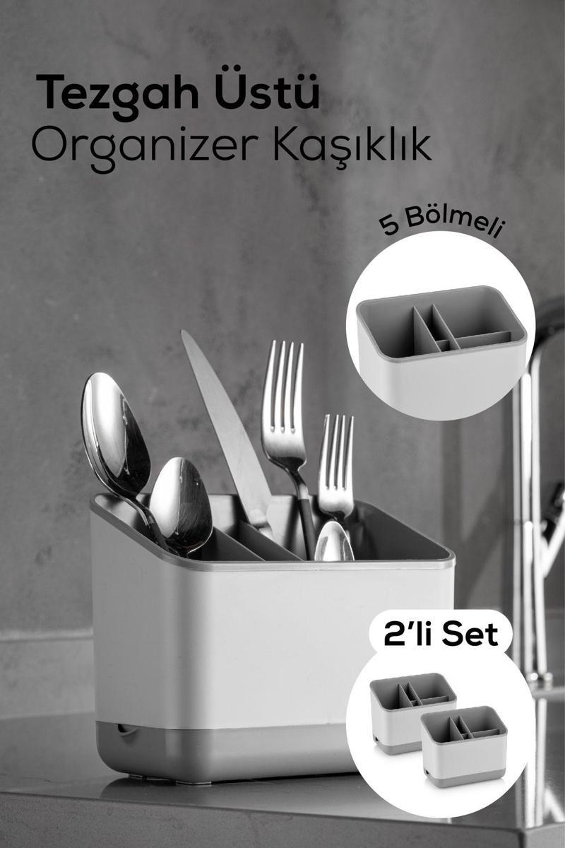 2 Adet Tezgah Üstü Kaşık Düzenleyici 5 Bölmeli Organizer Kaşıklık Gri