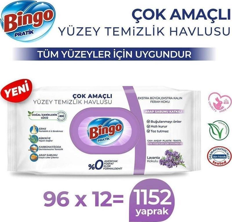 Pratik Yüzey Temizlik Havlusu Arap Sabunu Katkılı Lavanta 96 X12 (1152 Yaprak)