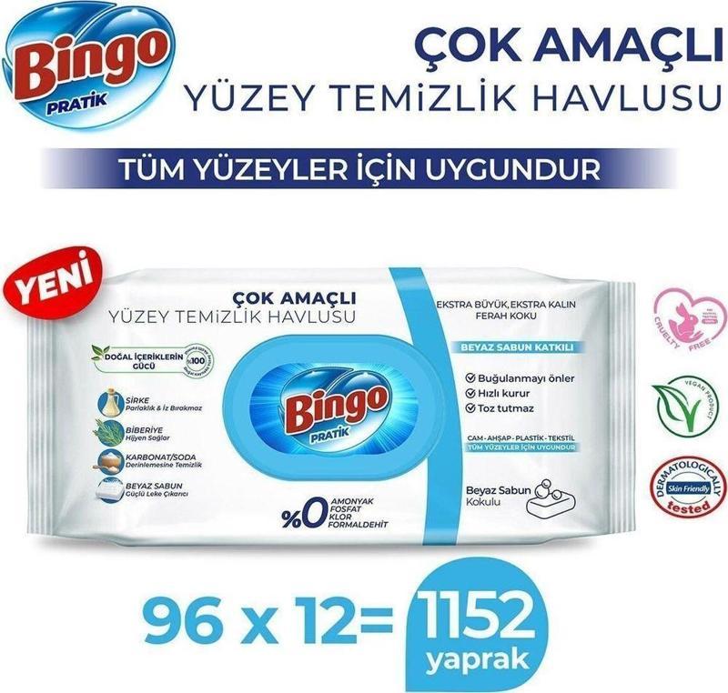 Pratik Yüzey Temizlik Havlusu Beyaz Sabun 96 X12 (1152 Yaprak)