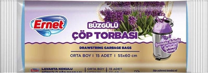 Büzgülü Çöp Torbası Lavanta Orta Boy 15'Li