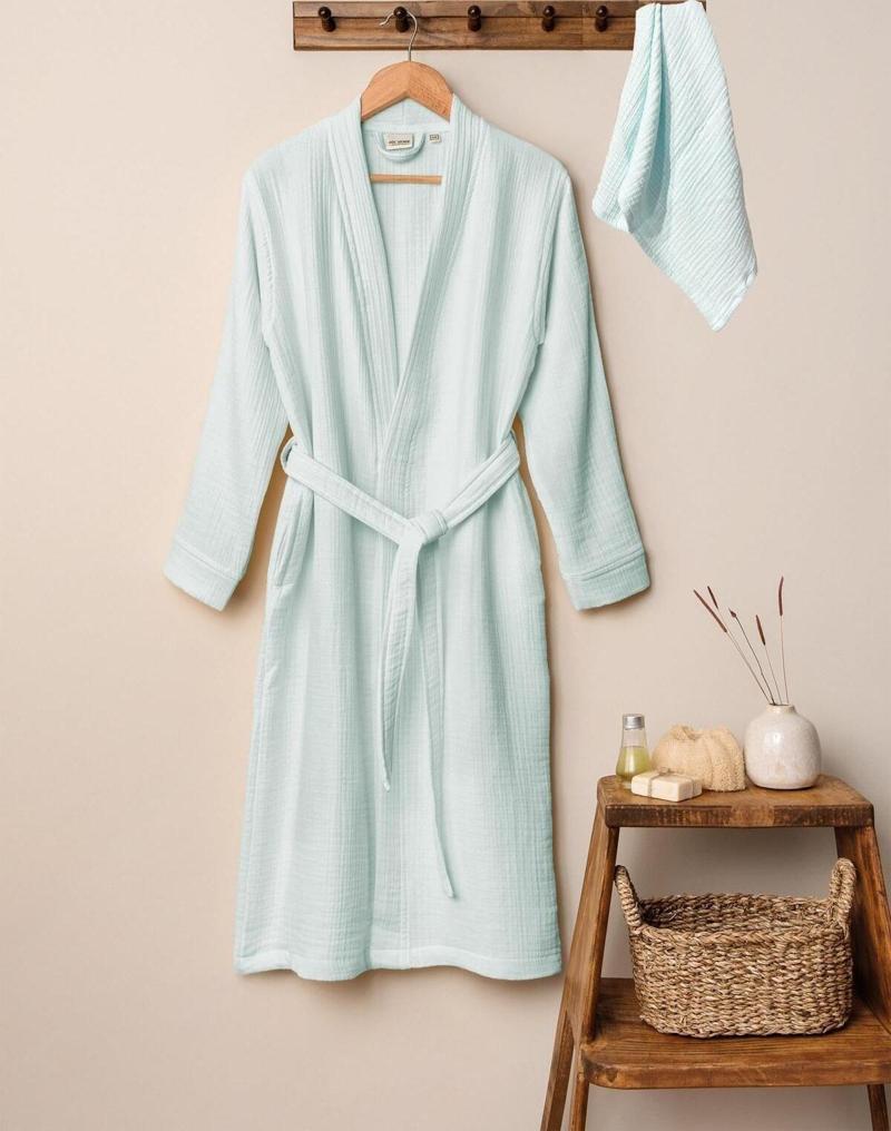 Mint Yeşili Unisex Kimono Müslin Bornoz Ve Havlu Seti - Şık Ve Dayanıklı Bornoz Seti Modelleri