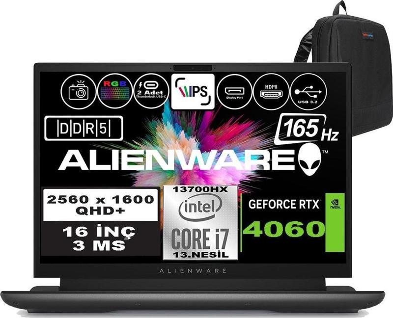 Alienware M16 R1 Intel Core I7-13700HX 64GB Ddr5 512GB SSD RTX4060 8gb 16 Inç 165Hz Qhd + 3ms Windows 11 Home Gaming Laptop AWM16I7X60WH09 + Zetta Çanta