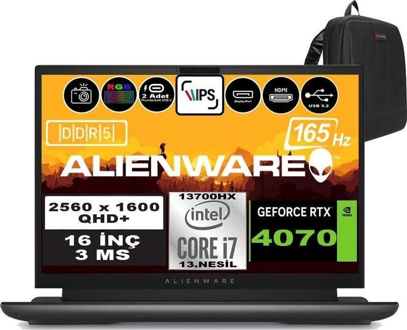 Alienware M16 R1 Intel Core I7-13700HX 64GB Ddr5 2tb SSD RTX4070 8gb 16 Inç 165Hz Qhd + 3ms Windows 11 Pro Gaming Laptop AWM16I7X70WP11 + Zetta Çanta