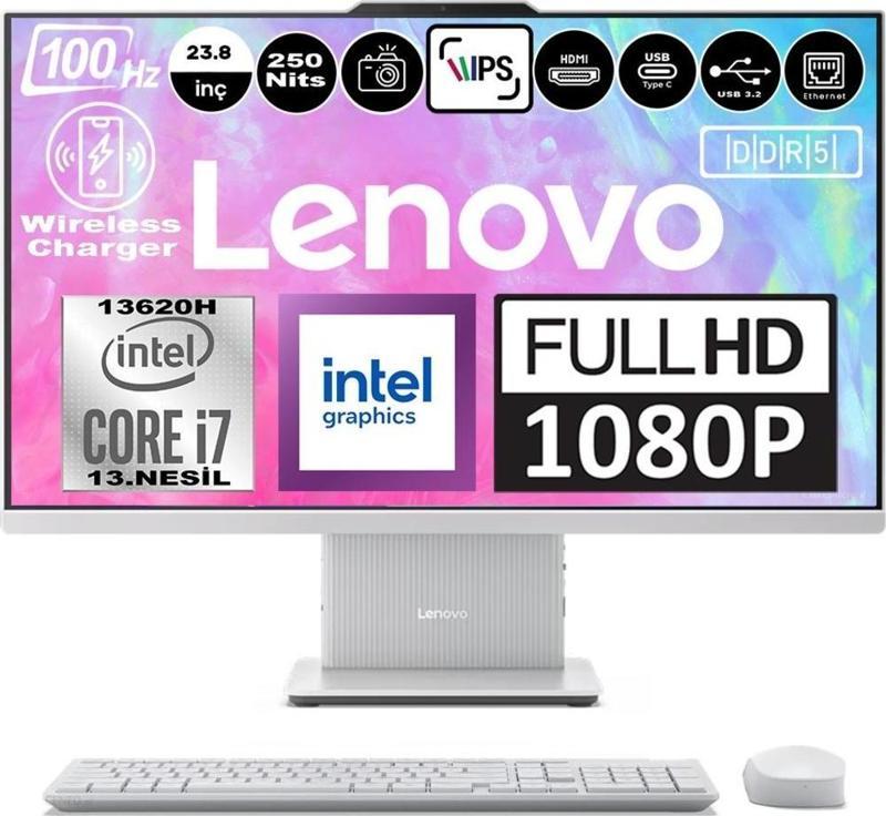 Ideacentre Aıo 24IRH9 Intel Core I7-13620H DDR5 8GB 256GB SSD 23.8 Fhd IPS Windows 11 Home Beyaz F0HN0056TRH01