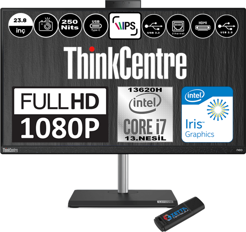 Thinkcentre Neo 30A Intel Core I7 13620H 16GB 512GB SSD Freedos Intel® UHD Graphics 23,8" Fhd 12K0000FTXF01