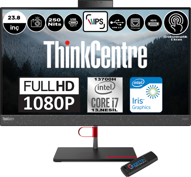 Thinkcentre Neo 50A Intel Core I7 13700H 64GB Ddr5 1tb SSD Freedos Intel® UHD Graphics Dokunmatik 23,8" Fhd All In One Bilgisayar 12K9004CTRF08