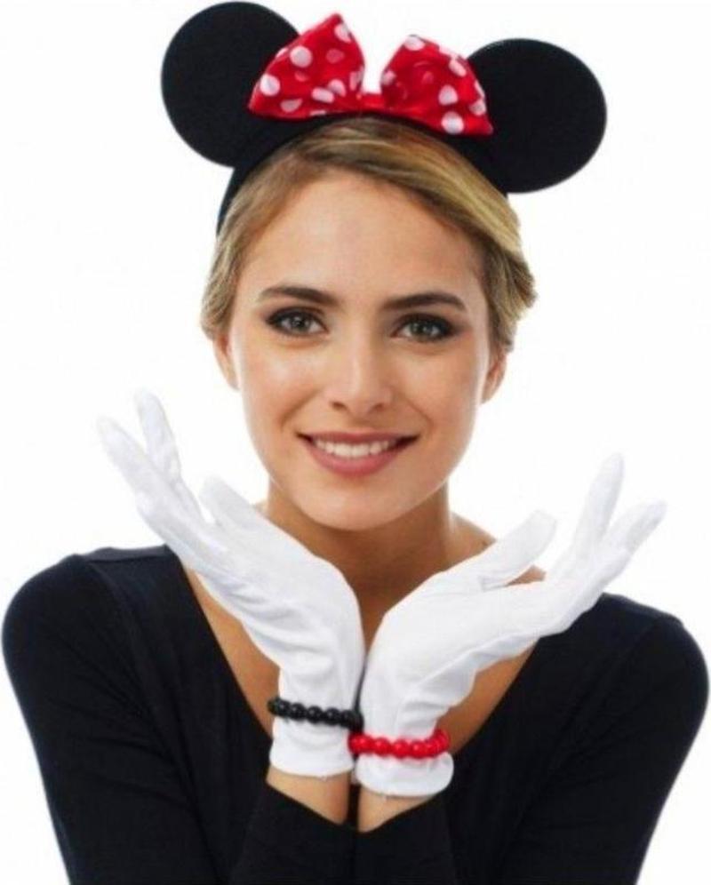 Parti Kırmızı Fiyonklu Minnie Mouse Tacı ve Beyaz Eldiven Seti