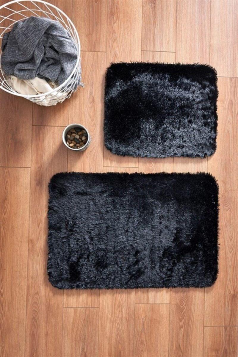 Peluş Post Uzun Tüylü Siyah Ikili Banyo Takımı Kaymaz Taban Yıkanabilir Halı