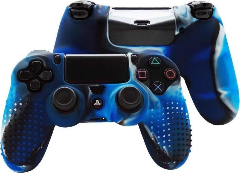 PS4 Controller Joystick Oyun Kolu Gamepad Uyumlu - Silikon Koruyucu Cover Mavi Kamuflaj