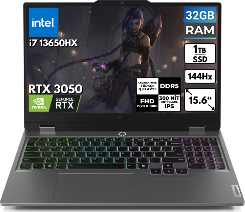 LOQ i7-13650HX 32 GB 1 TBSSD RTX 3050 15.6" FHD Freedos Taşınabilir Bilgisayar 83DV00G5TR BT13