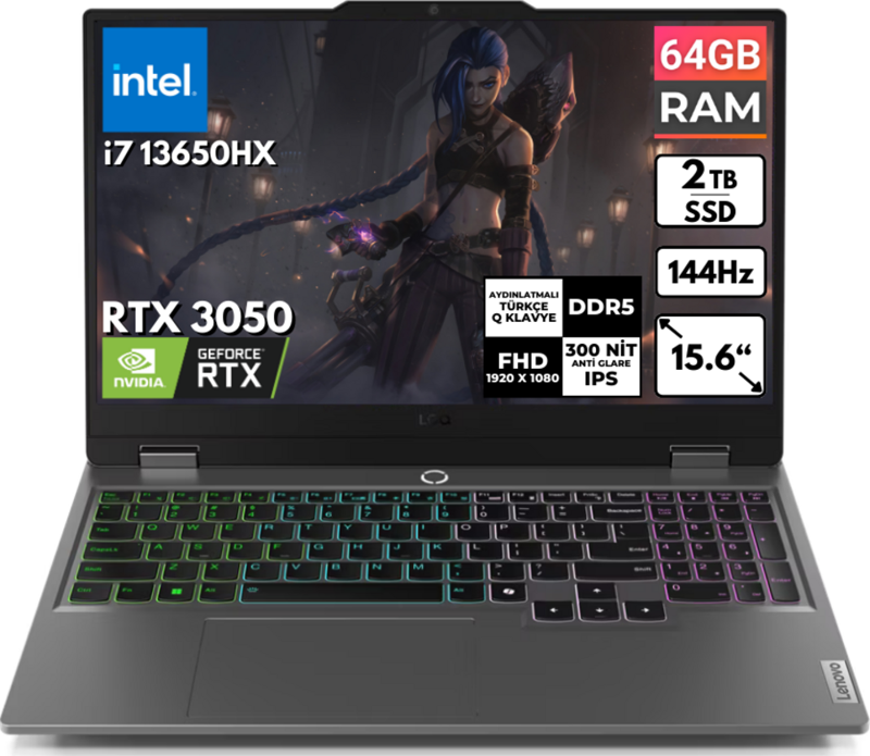 LOQ i7-13650HX 64 GB 2 TBSSD RTX 3050 15.6" FHD Freedos Taşınabilir Bilgisayar 83DV00G5TR BT29