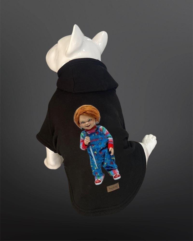 Kedi & Köpek Kıyafeti Sweatshirt - Chucky Baskılı Siyah Sweatshirt