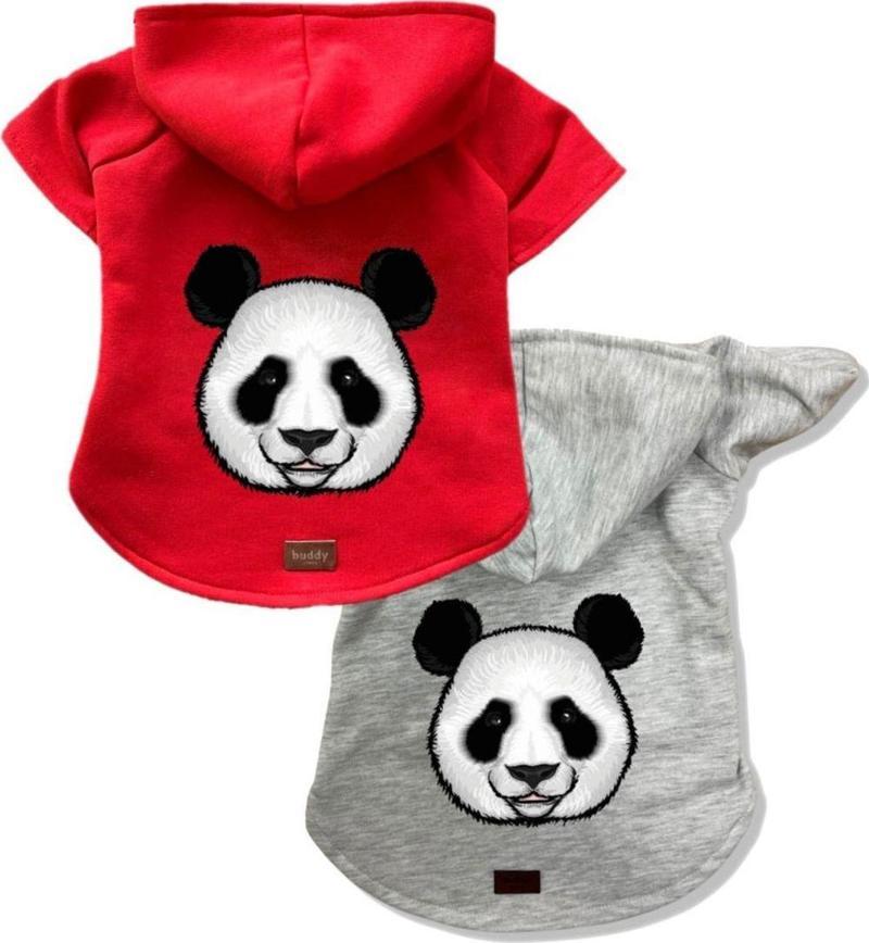 Kedi & Köpek Kıyafeti Sweatshirt - Panda Baskılı Kırmızı & Gri 2'li Set Sweatshirt