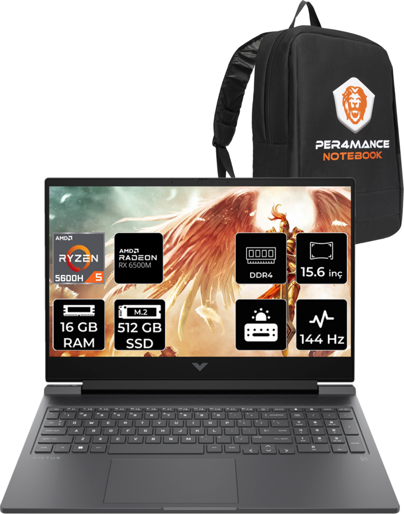 Victus 15 R5 5600H 16GB RAM 512GB SSD RX6500M 144Hz 15.6'' FHD FDOS A42ZMEA & PER4 Çanta