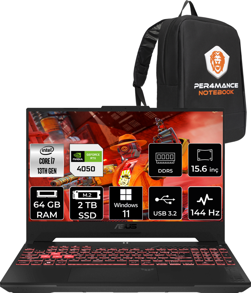 Tuf Gaming F15 i7 13620H 64GB RAM 2TB SSD RTX4050/6GB 144Hz 15.6" FHD W11P LP259 & PER4 Çanta
