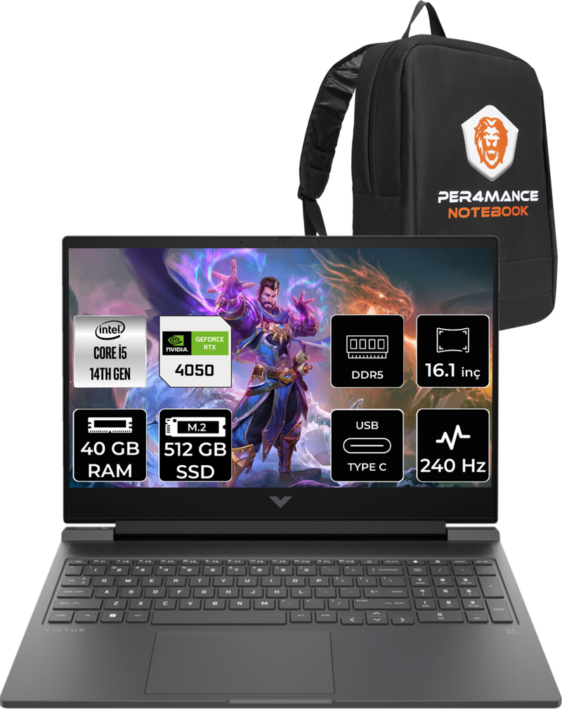 Victus 16 i5 14500HX 40GB 512GB SSD RTX4050/6GB 240HZ 16.1'' QHD FDOS 9J204EA & PER4 Çanta