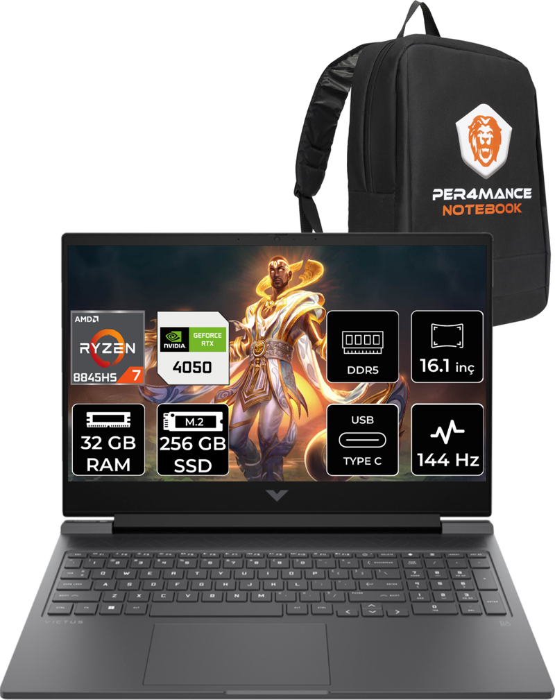 Victus 16 R7 8845HS 32GB RAM 256GB SSD RTX4050/6GB 144HZ 16.1'' FHD FDOS 9Z794EA & PER4 Çanta