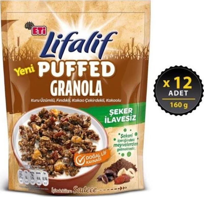 Lifalif Puffed Granola Kakao 160 g x 12 Adet