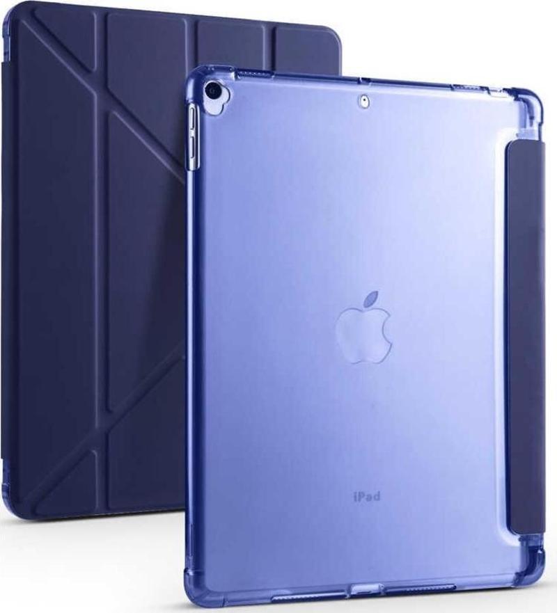 Apple iPad 10.2 7.Nesil Kılıf Yatay ve Dikey Standlı Uyku Modlu Kalemlikli Trifold Arkası Silikon Kılıf 