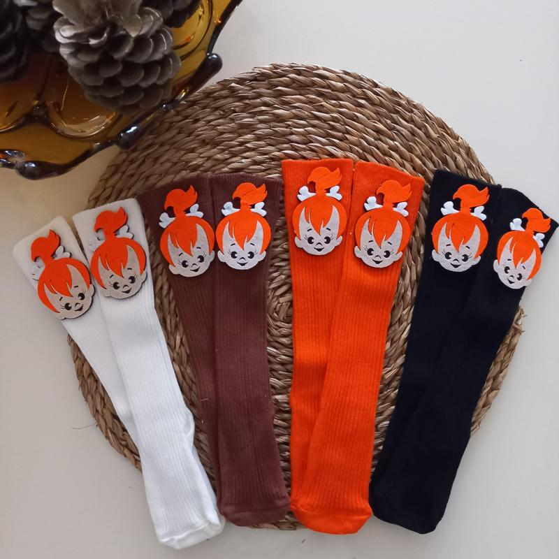 Kız Bebek Ekru Krem Turuncu Siyah Kahverengi Çakıl Keçe Figürlü Dizaltı Çorap