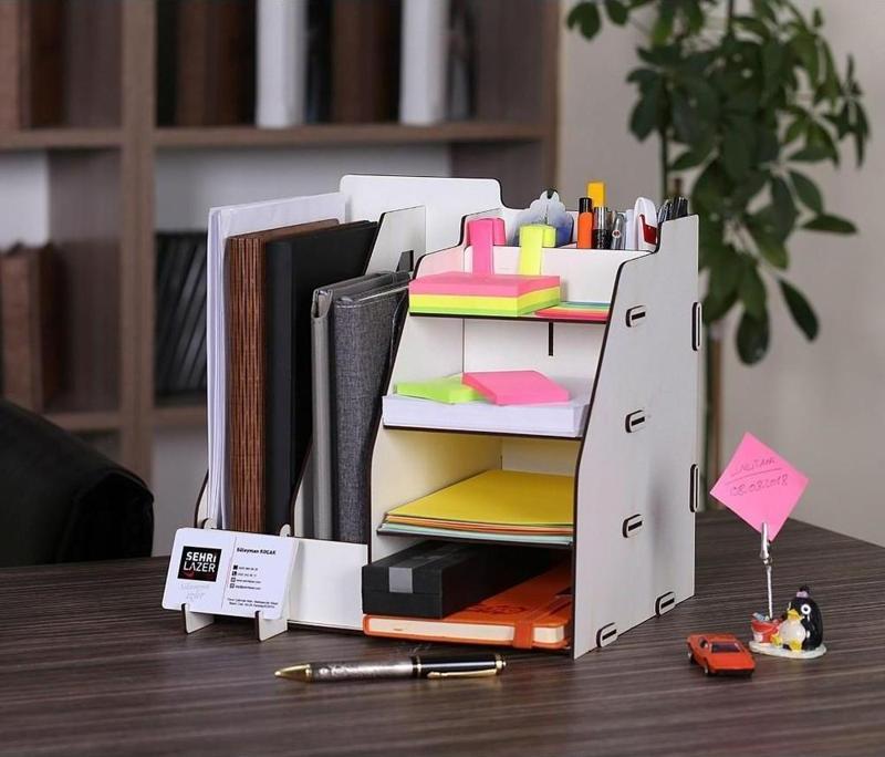 Evrak Rafı Ahşap Organizer Masa Üstü Düzenleyici Beyaz Renk