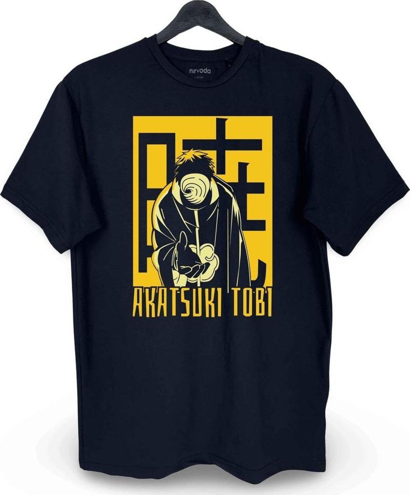 Akatsuki Tobi Obito Naruto Baskılı Loose Fit Bisiklet Yaka Unisex Tişört Siyah