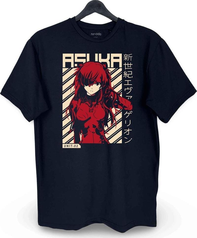 Asuka Evangelion Baskılı Loose Fit Bisiklet Yaka Unisex Tişört Siyah