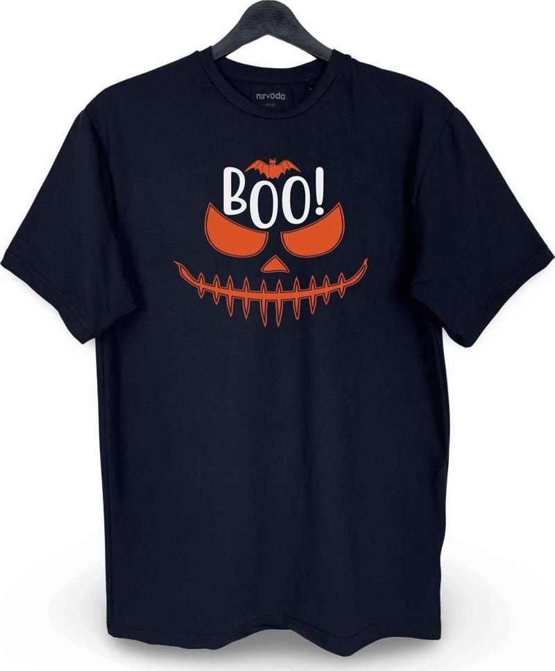Balkabağı Yarasa Boo Baskılı Loose Fit Bisiklet Yaka Unisex Tişört Siyah