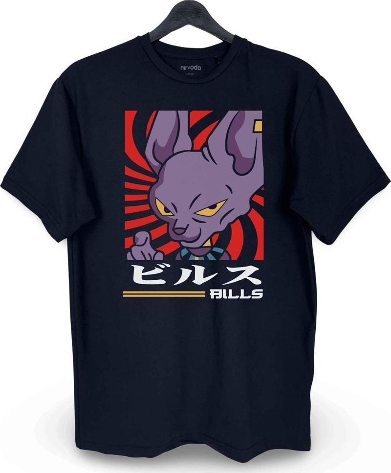 Birusu Beerus Dragon Ball Baskılı Loose Fit Bisiklet Yaka Unisex Siyah Tişört Anime Manga
