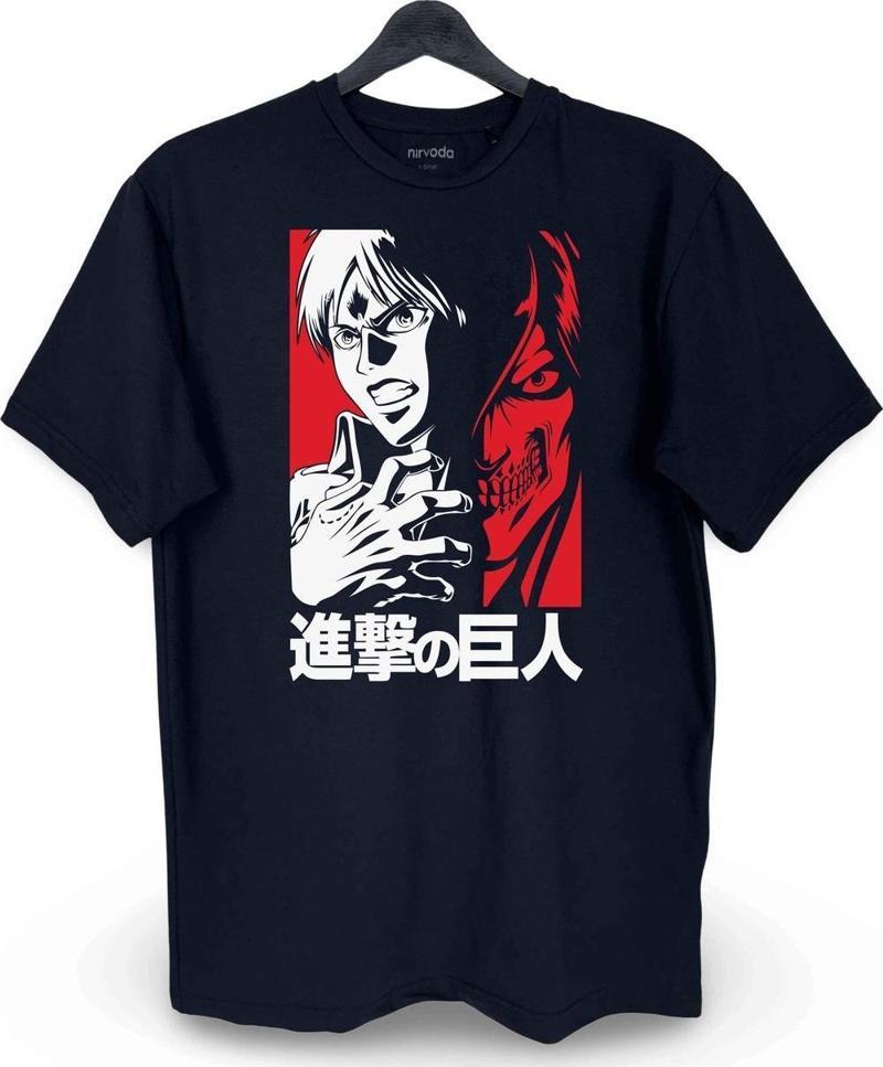 Eren Attack on Titan Kırmızı Baskılı Loose Fit Bisiklet Yaka Unisex Tişört Siyah