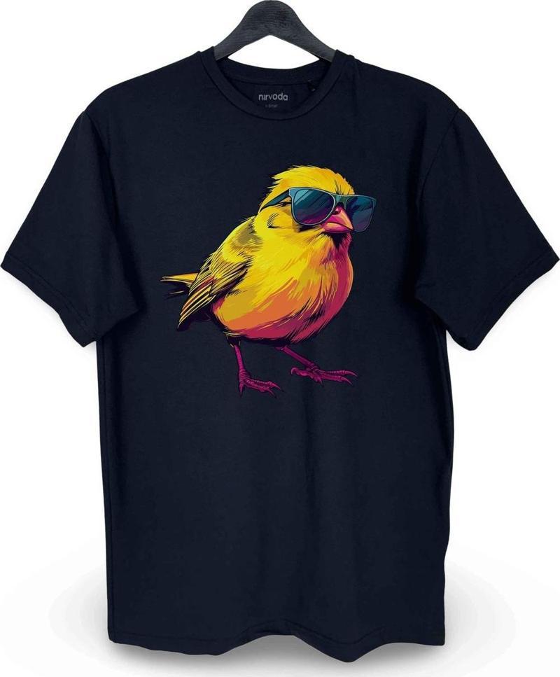 Cool Kanarya Baskılı Loose Fit Bisiklet Yaka Unisex Tişört Siyah